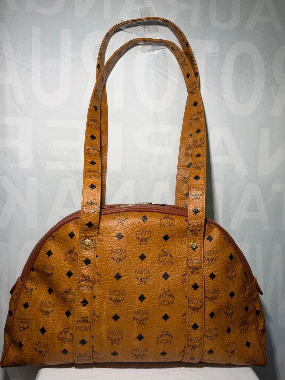 MCM Cognac Monogram Visetos Dome Tote with Shoulder Straps
